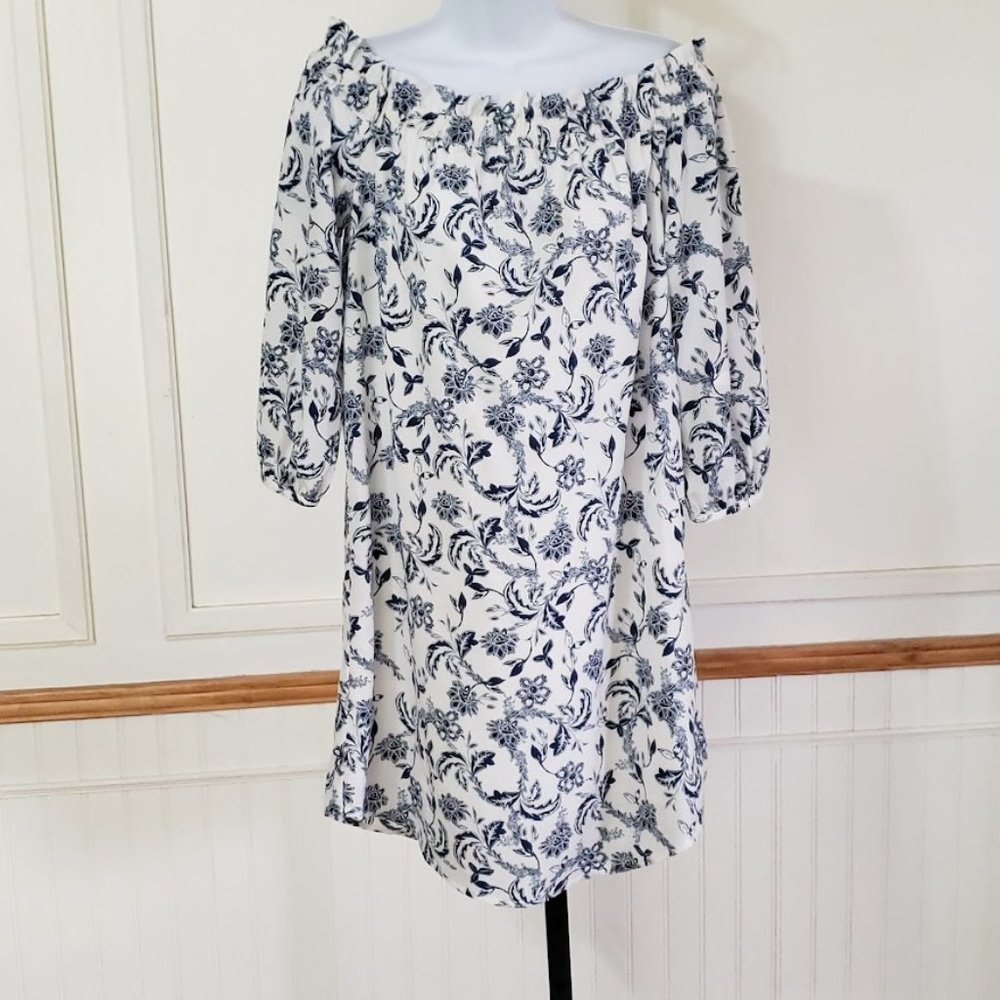 Banana Republic Off The Shoulder Women's Dress Sz 4 Floral White Blue  NEW